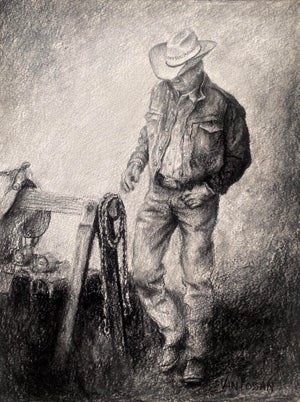 Back At The Stables (I) by James Van Fossan | Charcoal and Graphite on Paper cowboy in a stable