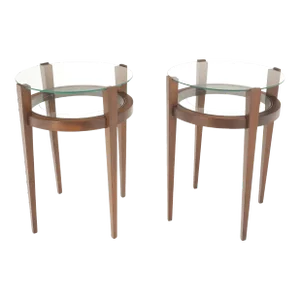 Two Tier Glass Top Shelf Oiled Walnut Round End Side Occasional Table MINT - A Pair