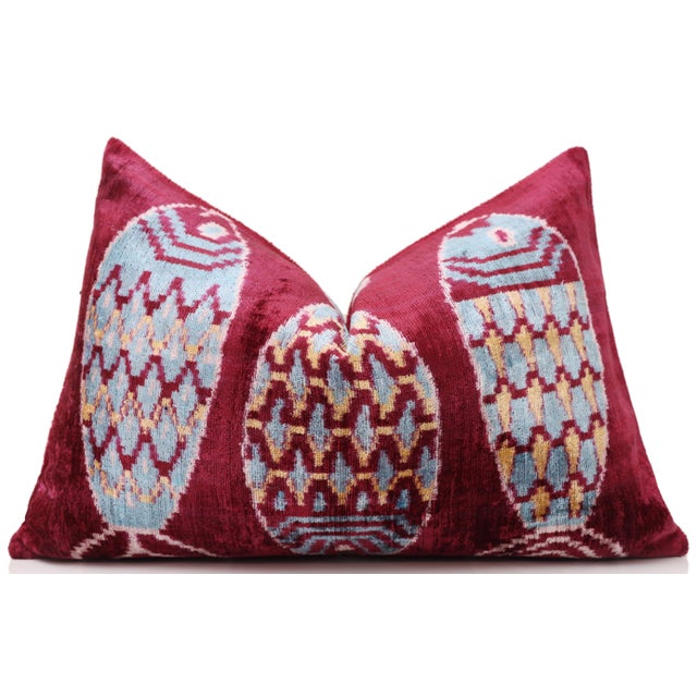Mid-Century Modern Hand-Knotted Silk Velvet Ikat Lumbar Pillow - 16x24 Burgundy & Sky Blue For Sale - Image 3 of 8
