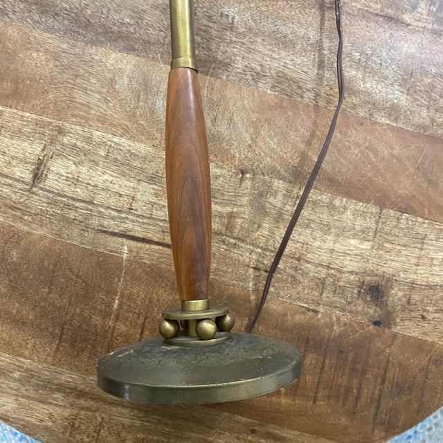 Vintage Mid Century Modern Walnut Brass Skinny Table Lamp Original Gunmetal Drum Shade For Sale - Image 6 of 12