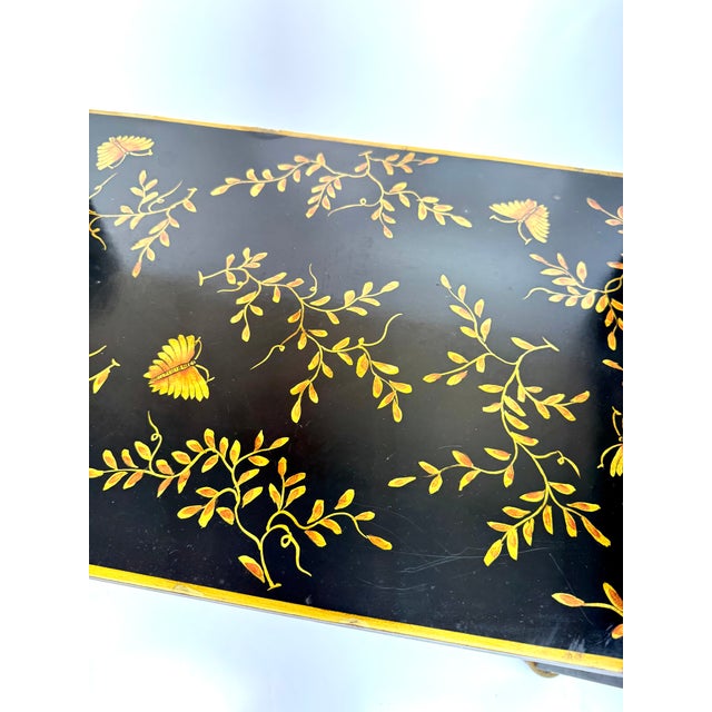 Vintage Chinoiserie Black Lacquer Accent Bench With Gilt Hand-Painted Motifs For Sale - Image 12 of 15