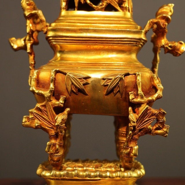 Late 20th Century Gilt Bronze Bamboo-Form Censer With Guardian Lion Finial For Sale In Los Angeles - Image 6 of 9