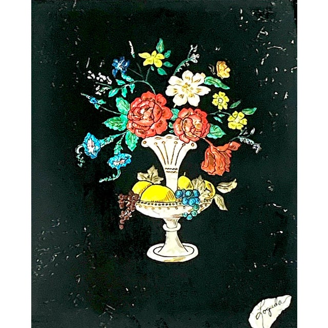 Mario Buatta 1940s Framed Silver Epergne Holding Flowers and Fruit Silver Foil Tinsel Painting For Sale - Image 4 of 7