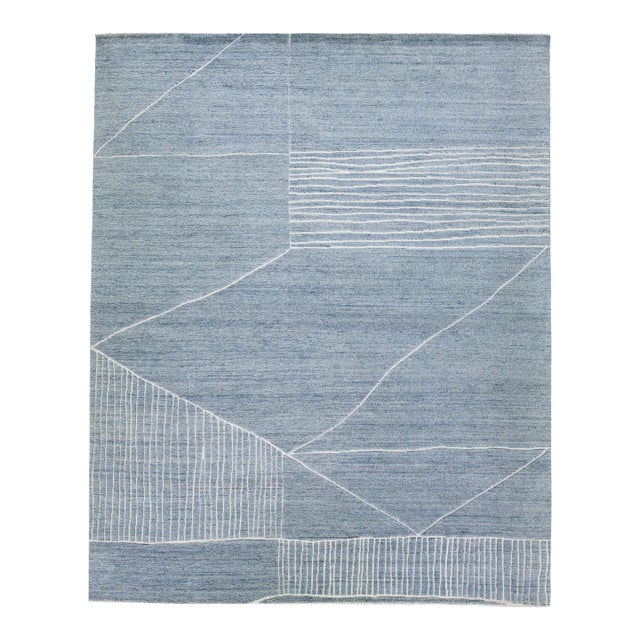 2010s Oversize Light Blue Modern Moroccan Style Handmade Abstract Wool Rug by Apadana For Sale