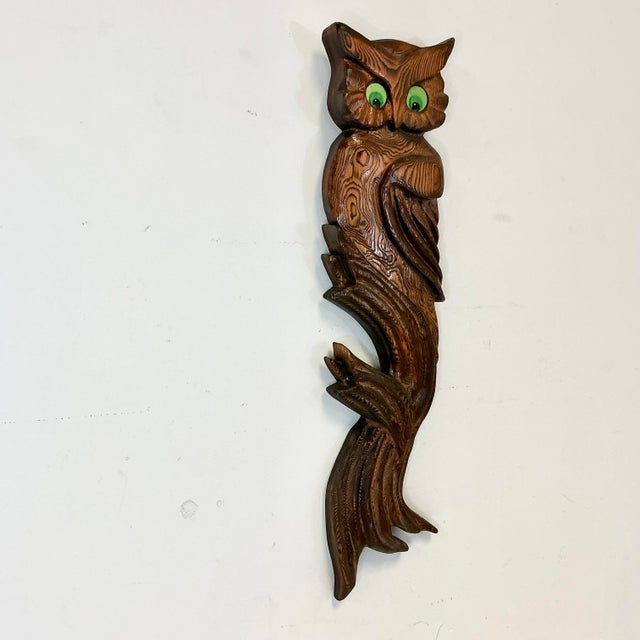 Mid-Century Boho Chic Arts & Crafts Folk Art Hand Carved Wood Owl on Branch Sculptural Wall Object For Sale - Image 4 of 18
