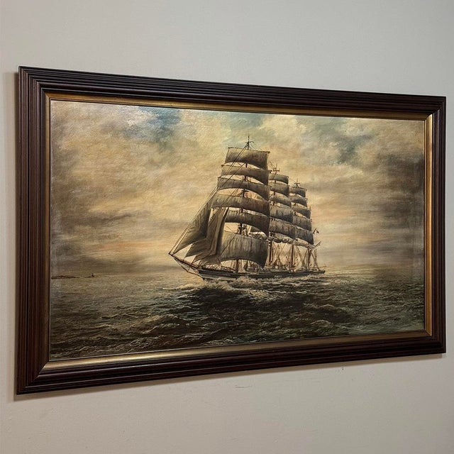 Mid-Century Framed Oil Painting of Four-Masted Ship by Alfred Gabali 'The Preussen' For Sale - Image 4 of 16