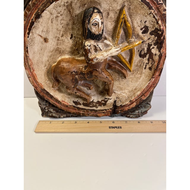 Vintage Verboan Hand Carved Wooden Zodiac Sagittarius Relief Wall Plaque For Sale - Image 4 of 7
