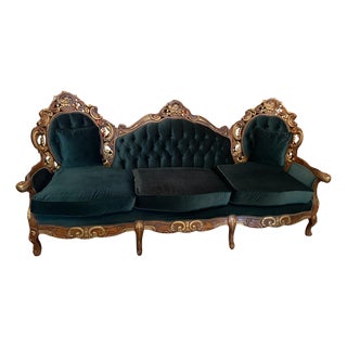 Late 20th Century Victorian Rococo Revival Style Carved Wood Sofa in Emerald Green Velvet For Sale