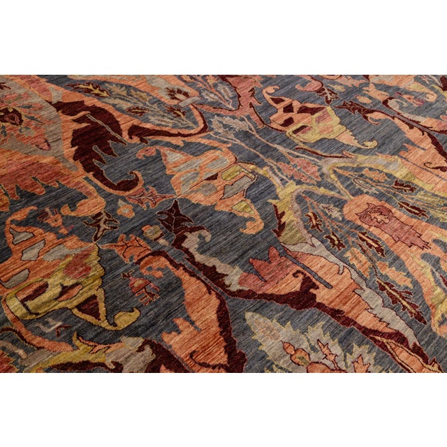 Modern Bidjar Style Hand-Knotted Wool Rug –Botanical Motifs in Blue & Terracotta For Sale - Image 11 of 11
