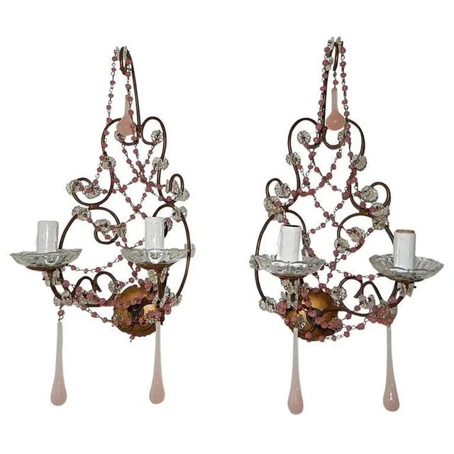 1920s French Pink Opaline Drops With Beads and Crystal Sconces - a Pair For Sale - Image 12 of 12