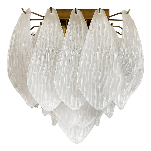 Murano Ceiling Lamp in Frosted Carved Glass Leaves, 1980s For Sale