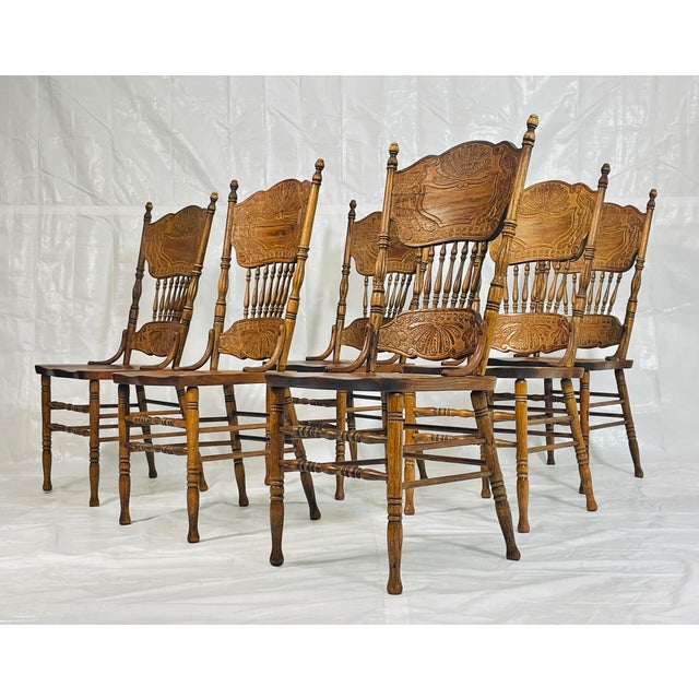 Oak Farmhouse Dining Chairs Set of 6, Carved Peacock Backs, Ronnoco 1978 For Sale - Image 13 of 18