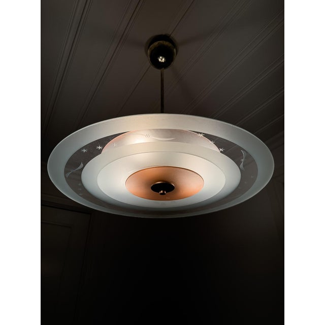 1940s Swedish Modern Ceiling Lamp in Etched Star-Decorated Glass and Chrome, 1940s For Sale - Image 5 of 7