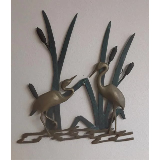 Vintage Wall Relief 2 Herons in the Reeds in Colored Brass, 1970s, in Very Good conditions. Designed 1970 to 1979