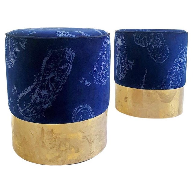 Metal 20th Century Modernist Brass and Blue Velvet Stools, Italy, 2000s, Set of 2 For Sale - Image 7 of 7