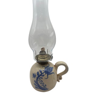Antique Blue & White Stoneware Oil Lamp With Glass Chimney For Sale