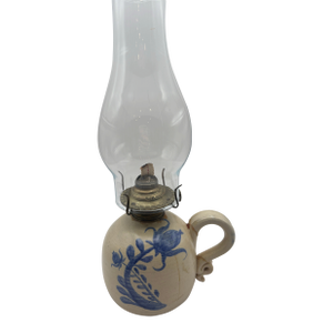 Antique Blue & White Stoneware Oil Lamp With Glass Chimney