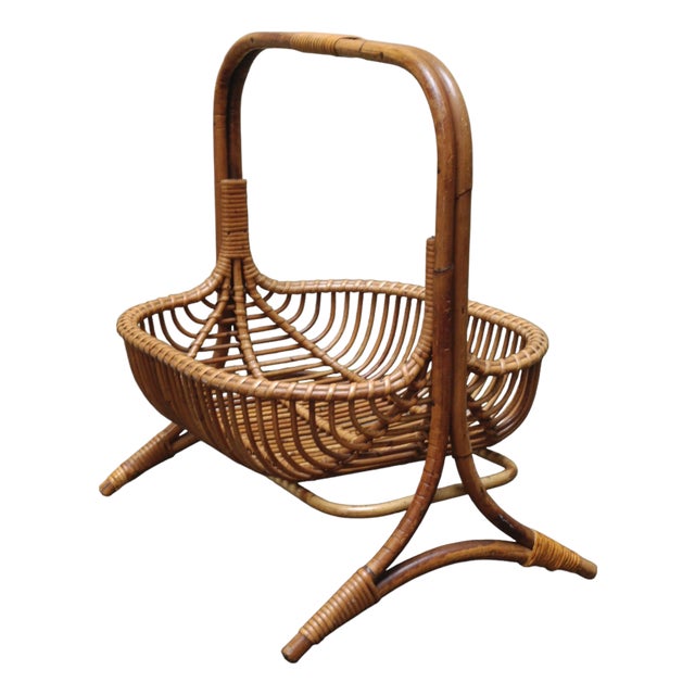 Rattan Basket Magazine Rack, Italy, 1960s For Sale