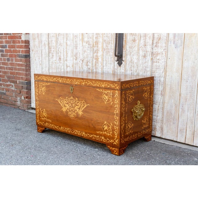 Traditional 1950s Large Walnut Marquetry Inlay Chest For Sale - Image 3 of 12