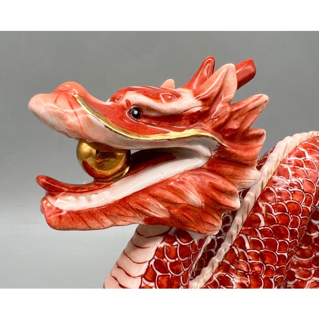 Gumps Vintage Hand-Painted Chinese Porcelain Dragon Sculpture With Flaming Pearl – Gumps San Francisco Style – Chinoiserie / Hollywood Regency For Sale - Image 4 of 14