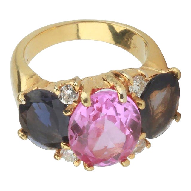 Christina Addison Medium 18 Karat White Gold Gum Drop Ring With Pink Topaz and Iolite For Sale