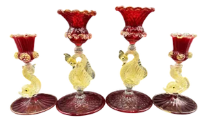 Golden Fish and Ruby Cup Candleholders in Murano Glass, 1960s, Set of 4