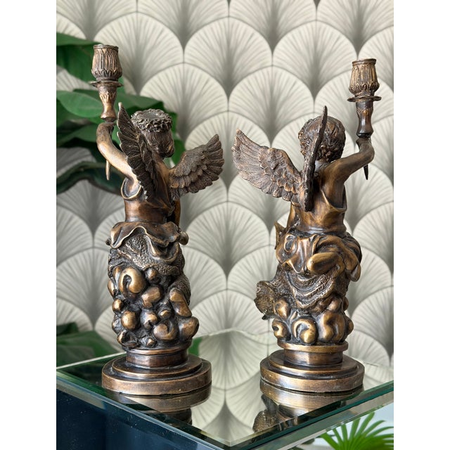 Bronze Antique Art Nouveau Brass Bronze Cherub Cupid Angel Candlestick Holder Sculptures - A Pair For Sale - Image 8 of 18