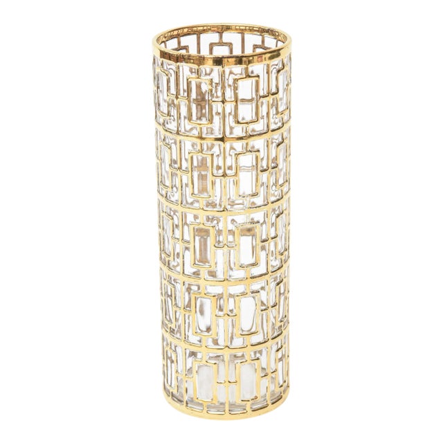 Vintage Imperial Glass 22 Carat Gold Plated Greek Key Overlay Over Vase or Martini Shaker 60's Signed For Sale