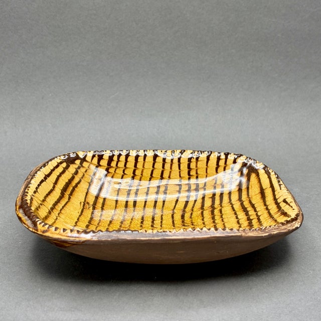 Vintage Mid-Century Studio Art Pottery Mustard Yellow and Brown Striped Ceramic Dish Catchall For Sale - Image 4 of 6