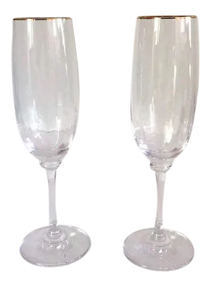 90s Gold-Rimmed Tall Crystal Champagne Flutes- a Pair