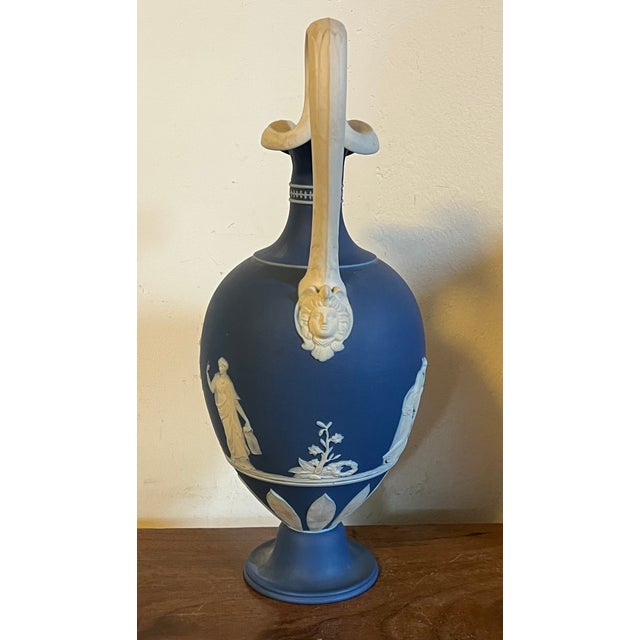 Antique 19th Century Wedgwood Dark Blue Jasperware Oinoche Vase, Urn or Ewer Decorated With Apollo and the Muses Circa 1850 For Sale - Image 15 of 18