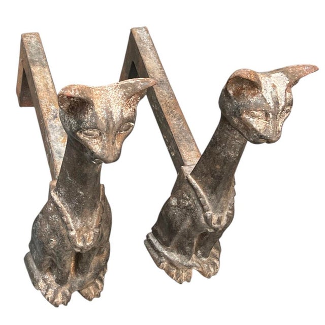 A Pair of Vintage Mid-Century Stylized Cast Iron Cat Andirons For Sale In West Palm - Image 6 of 12