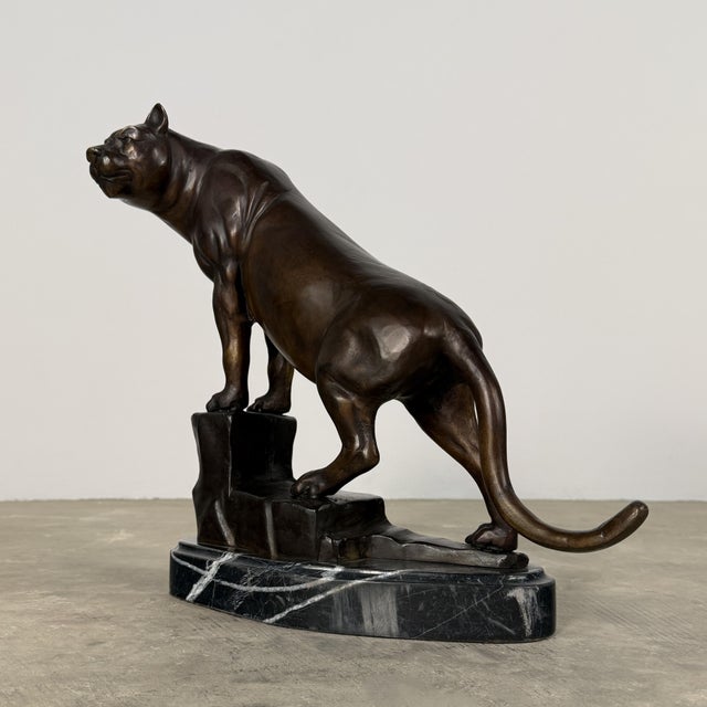 Rustic Bronze Mountain Lion (Puma) Sculpture on Marble – Big Cat Statue – 17” H For Sale - Image 3 of 10