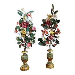 19th Century Set of 2 Sicilian Palm Holders With Metal Flowers Composition For Sale