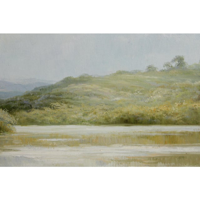 Traditional J. Bijou Artist Signed Lake Oil Painting on Canvas For Sale - Image 3 of 16