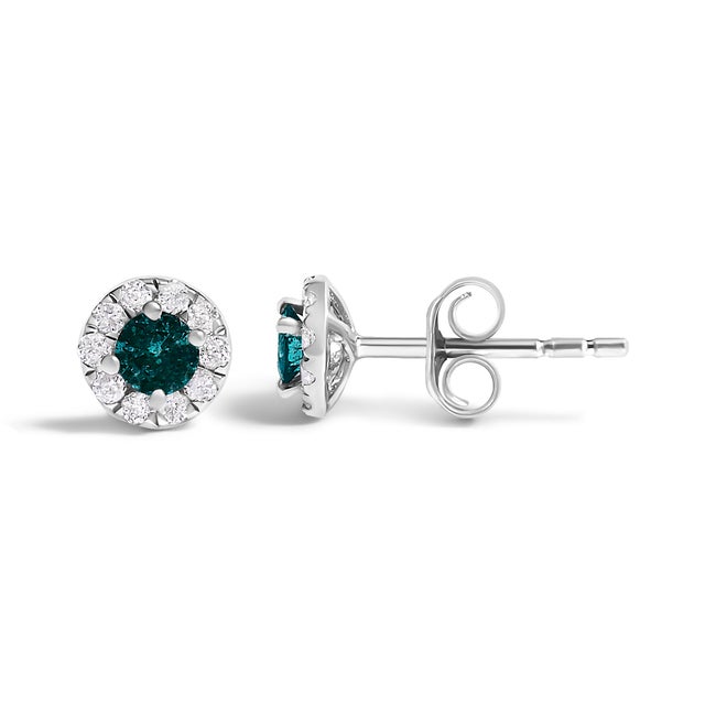 Haus of Brilliance .925 Sterling Silver 1/3 Cttw White and Blue Diamond Halo Stud Earrings, Pair For Sale - Image 4 of 4