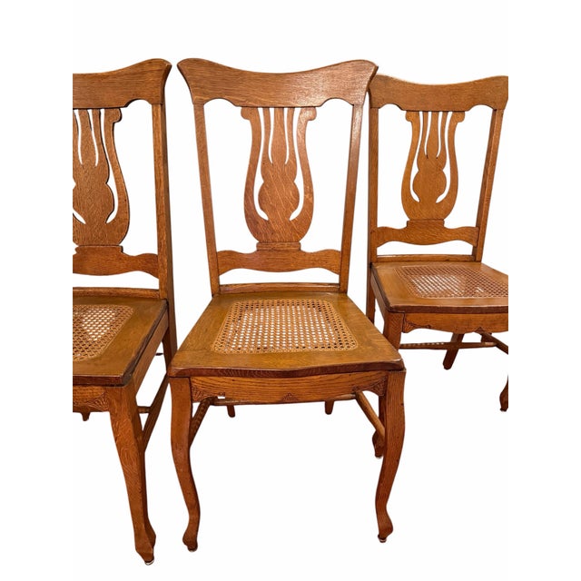 Antique c.1900 Quarter-Sawn Art Nouveau Tiger Oak Lyre Back Cane Dining Chairs. Set of Four For Sale - Image 4 of 8