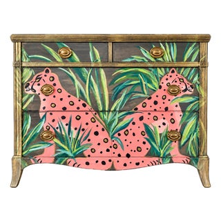 1940s One-of-a-Kind Hand-Painted Pink Leopard Palm Beach Regency Chest by Dionne Woods For Sale