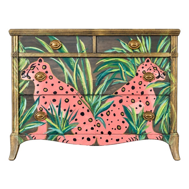 1940s One-of-a-Kind Hand-Painted Pink Leopard Palm Beach Regency Chest by Dionne Woods For Sale