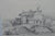 Charming 19th-century French School graphite drawing depicting a group of rustic houses set within a rocky landscape....