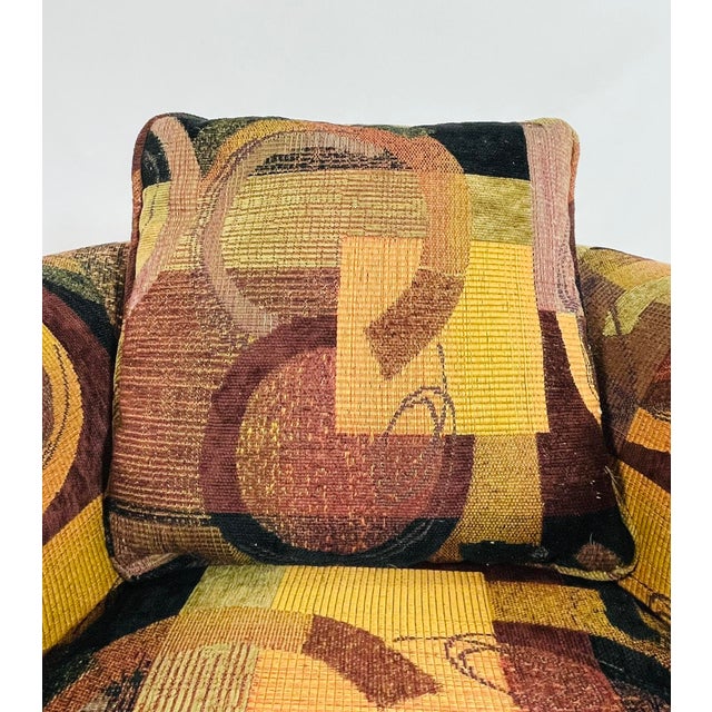 Pair of Vintage Swivel Lounge Chairs With Abstract Upholstery and Brass Bases For Sale - Image 14 of 17