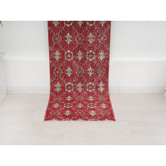 1970s 1970 Vintage Red Turkish Runner Rug, Hand Knotted Wool Hallway Runner For Sale - Image 5 of 6