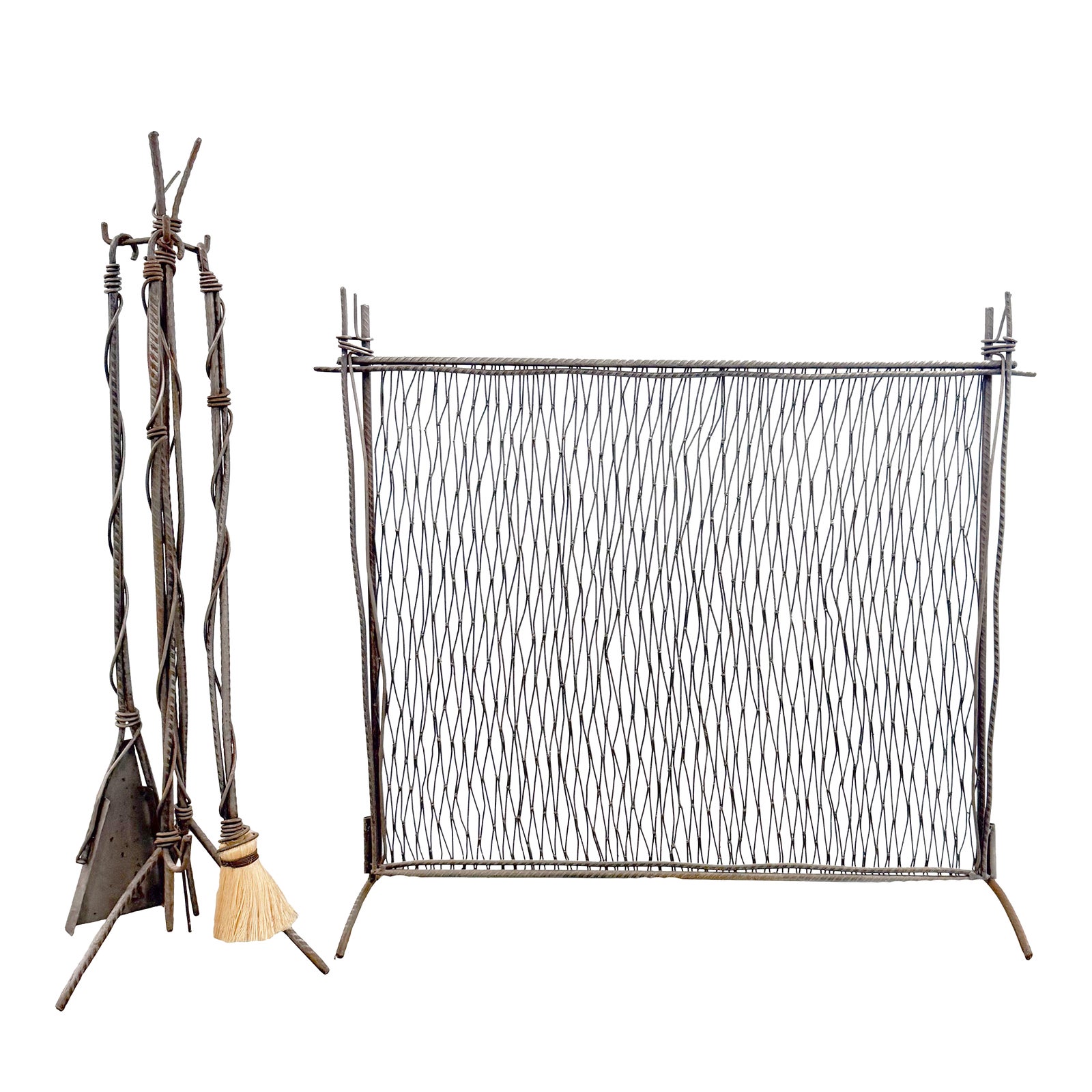 Brutalist Postmodern Hand-Forged Steel Iron Fireplace Screen and Tools