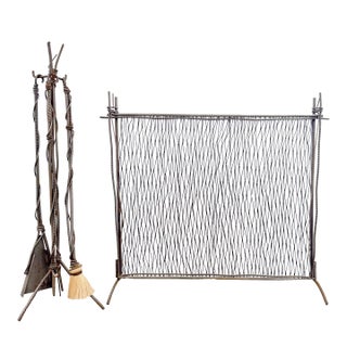 Brutalist Postmodern Hand-Forged Steel Iron Fireplace Screen and Tools For Sale