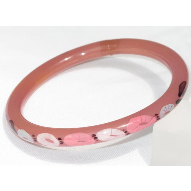 Art Deco French Art Deco Pink Celluloid Bracelet Bangle with Floral Design For Sale - Image 3 of 7