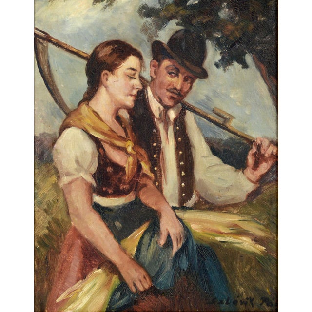 Hungarian Harvest Courtship 1920s Well executed impressionist painting of a Hungarian countryside courtship vignette by a...