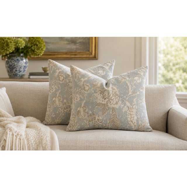 French Blue & Fawn Gray Designer Pillows — 16" x 20" Pair Bring luxury and timeless elegance to your space with this...