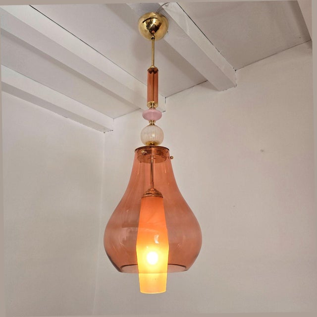 Glass 1990s Pink and Amber Murano Glass Pendant Lights - Pair For Sale - Image 7 of 13