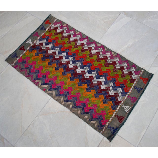Hand-Made Braided Turkish Kilim Rug Jajim Handwoven Wool Entryway Door Mat 2x3 Ft Approx For Sale - Image 4 of 12