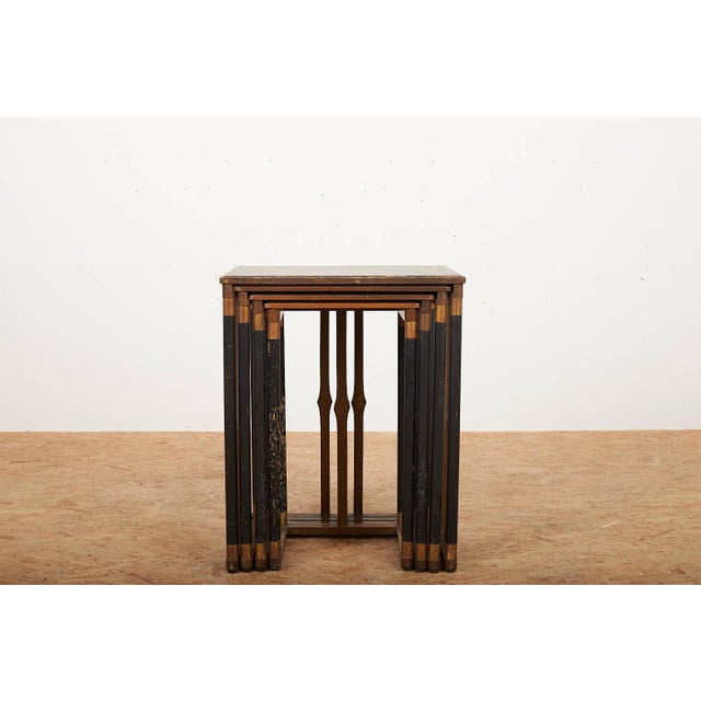 Vienna Secession Nesting Tables with Wooden Base, Brass Accents, and Oak Tops, Set of 4, in Good conditions. Designed 1890...